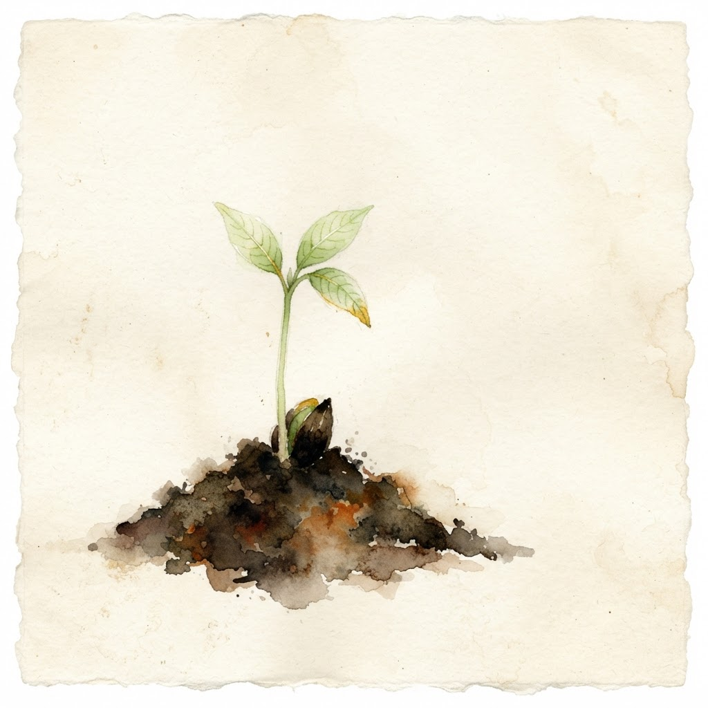Watercolor illustration of a young mango seedling sprouting from the soil